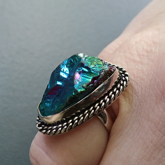 New Rainbow Titanium Crystal Quartz 925 Silver Ring. - Picture 7 of 12